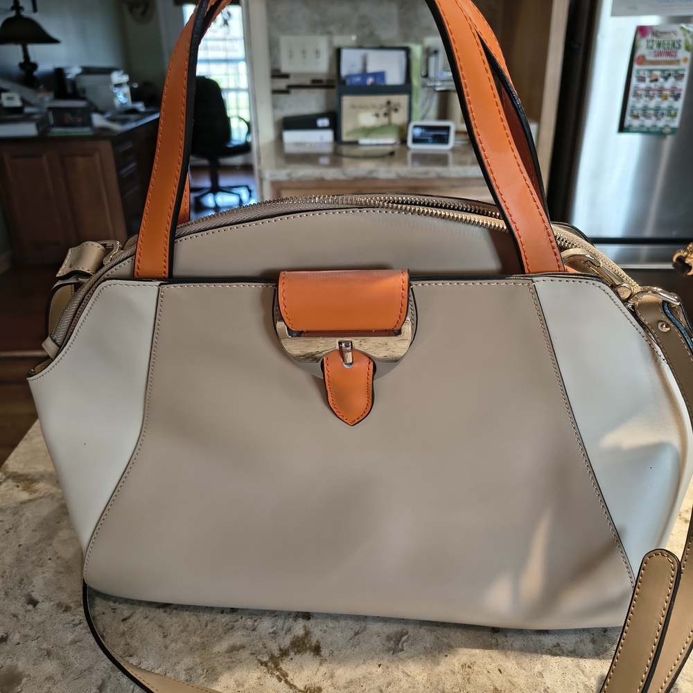 Women’s Two-Tone Leather Satchel Bag in Cream and Orange
